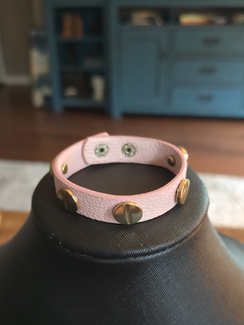 Pink Leather Snap Bracelet with Gold Studs - Women Jewelry